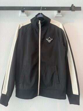 Lucky Brand sporty jacket. Black with cream stripes on arms & chest patch “Aces”